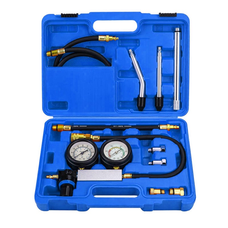 Bicos Dual Gauge Leakdown Detector Tool Set Cylinder Leak Down Tester Kit for Pressure Check & Leakage Rate Test Gasoline Engine Compression Leakdown Detector Leakage Test Set(Blue) - Image 1